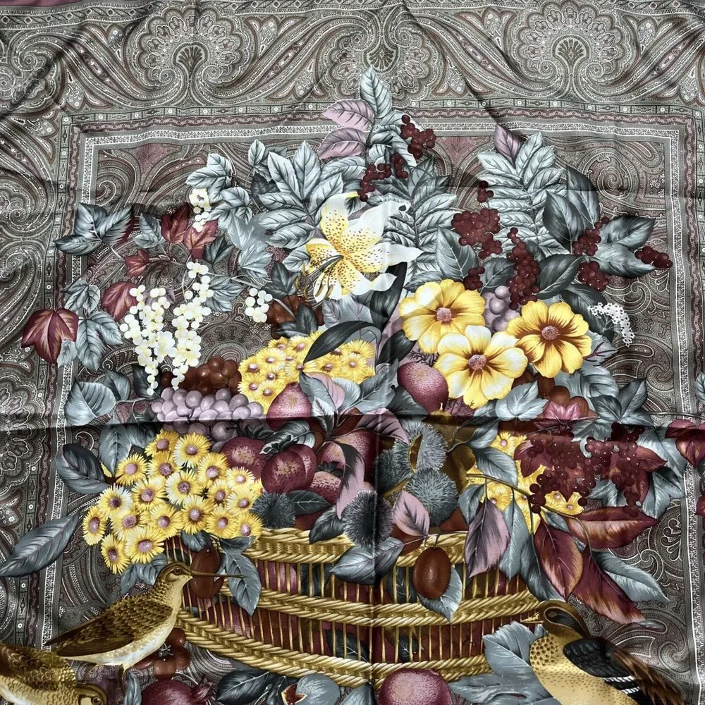 Vintage Brooks Brothers Scarf 100% Silk Italy Floral Fruit Birds Square 34
